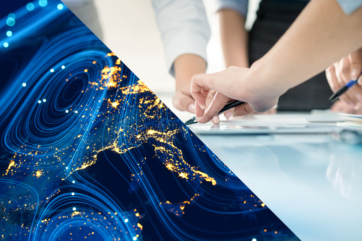 Split image of abstract detail and hands pointing with pens