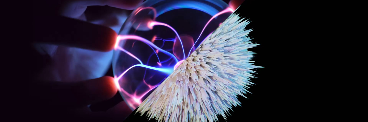 Split image of white spikes and hand touching sparks