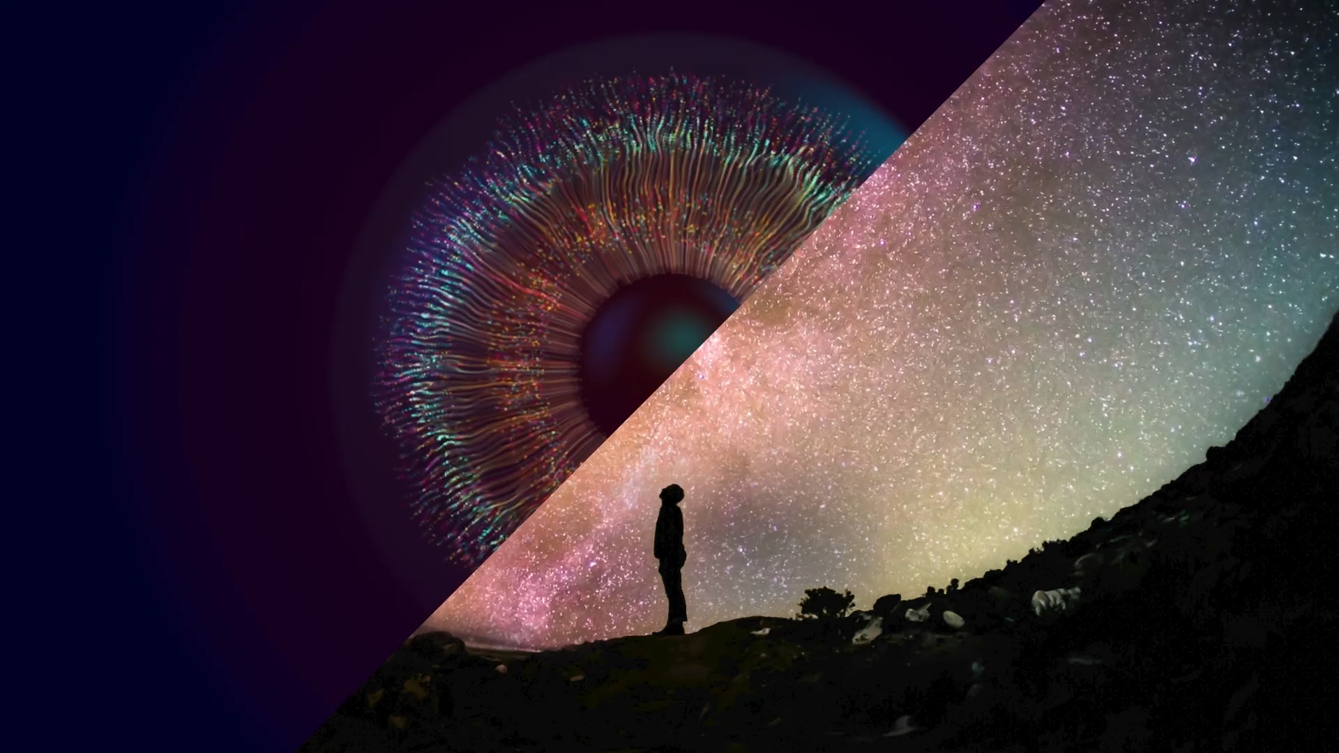 Split image of eye and person looking at the sky