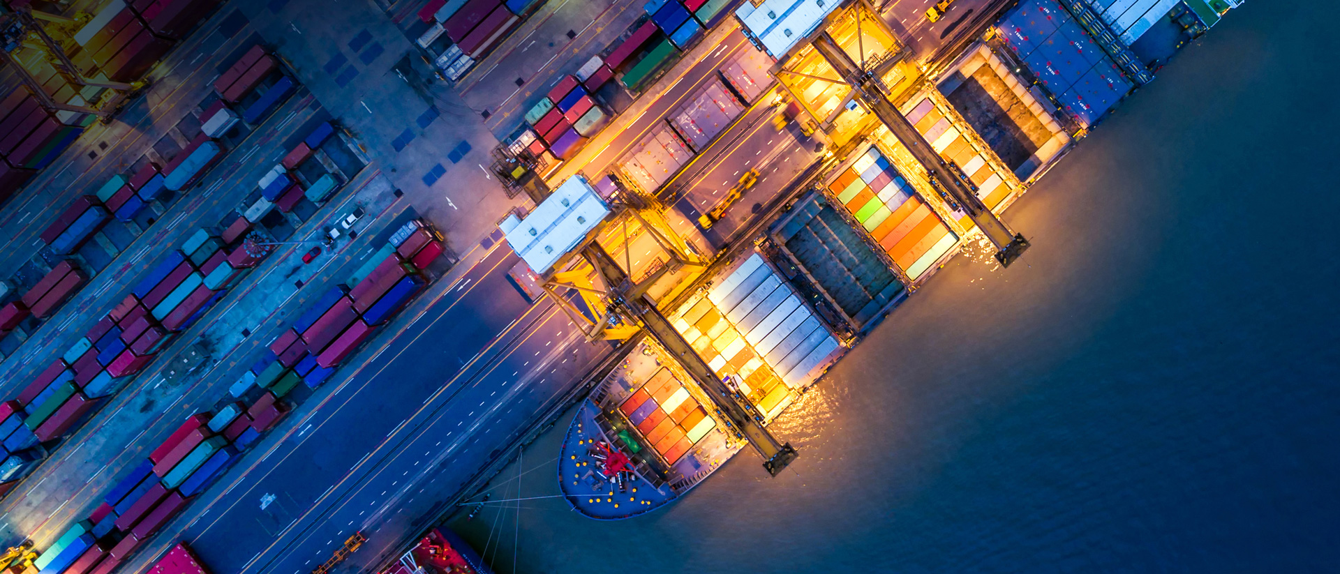 Aerial view of a cargo ship at night