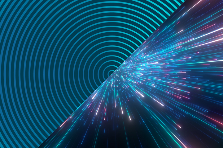 Split image of abstract spiral and colourful burst