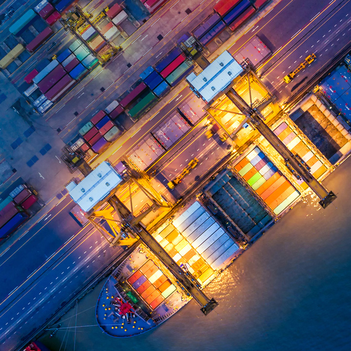 Aerial view of a cargo ship at night