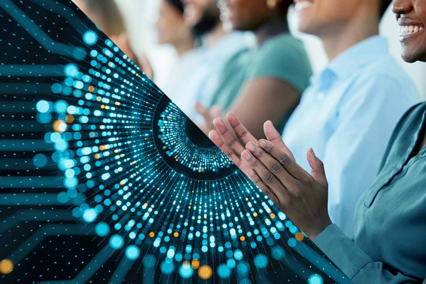 Split image of abstract detail and people clapping